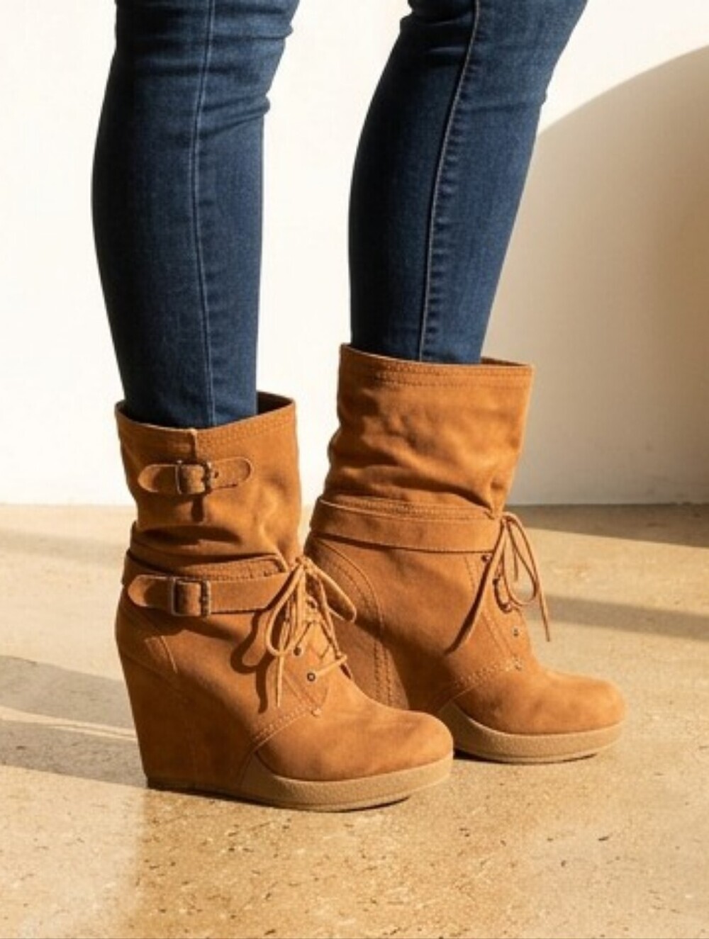 Unique Boho Western Caramel Suede wedge Slouch Boots Embellished RARE Vintage